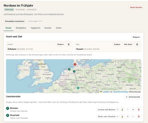 Eine Reise mit Start, Ziel, Zwischenzielen und dem zugeordneten Fahrzeug - hier ein Kastenwagen mit 6,4 m